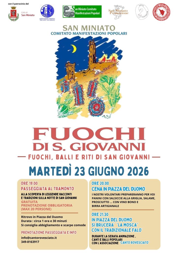 Locandina dell’evento “Fuochi di S. Giovanni” a San Miniato, in programma martedì 23 giugno 2026, con illustrazione colorata del borgo, della torre, dei fuochi e delle balle di grano.
